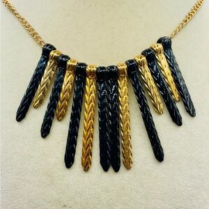 Vintage Tribal Black and Gold Textured Fringe Bib Necklace. 27 inches long